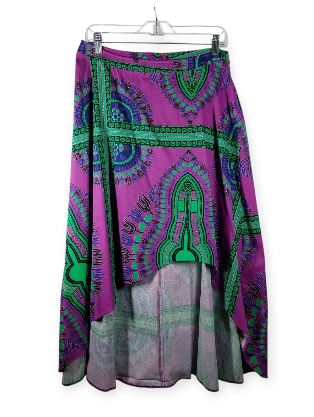 ASHRO African Print Skirt Size 8 Hi-low Asymmetrical Hem Cotton Spandex